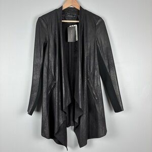 Zara Black Faux Leather Open Front Waterfall Jacket Womens Medium NWT Moto